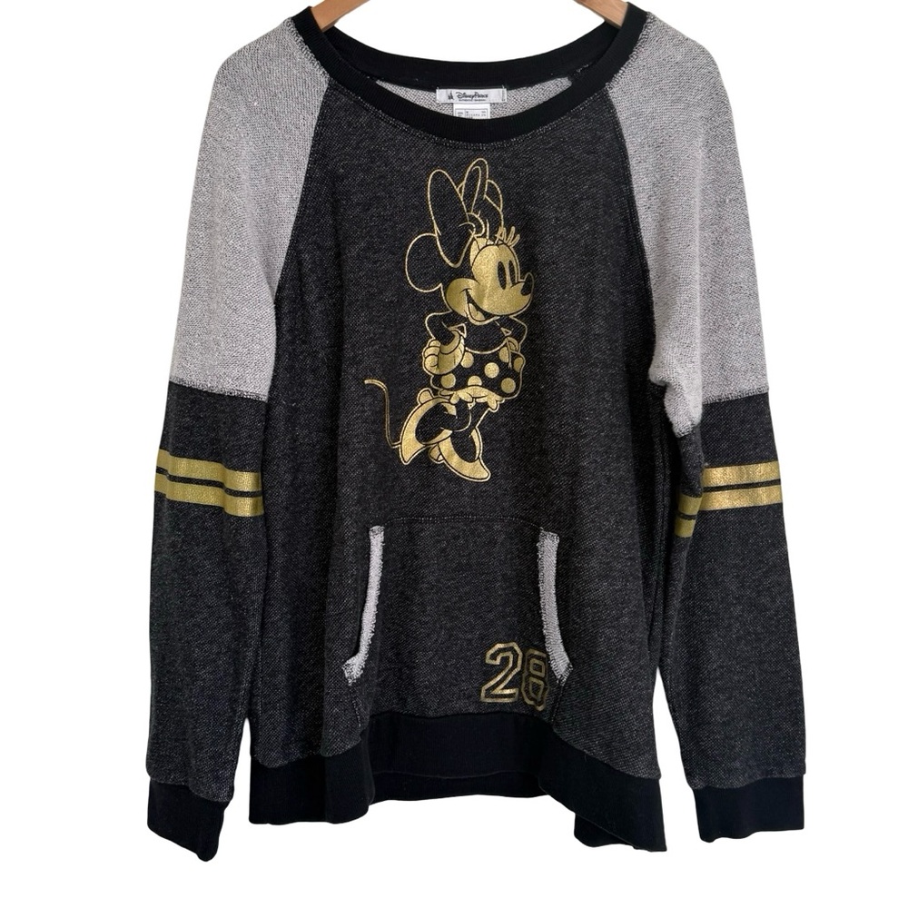 Disney Minnie Mouse Jersey Style Gray Metallic Gold Sweater Size XL